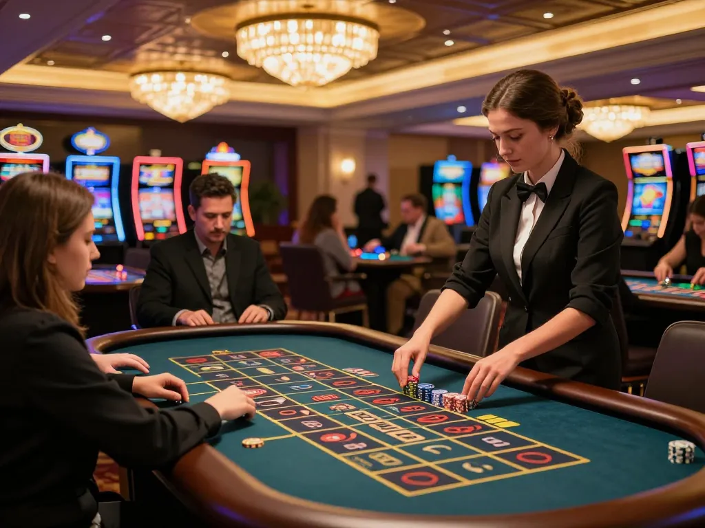 Experience the thrill of jangkar55 live casino gaming with vibrant players around a roulette table.