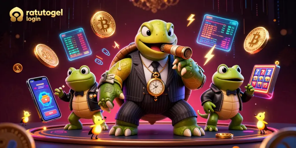 Gambarlah akun ratutogel login dengan karakter pemenang di latar kasino mewah dan koin cryptocurrency.