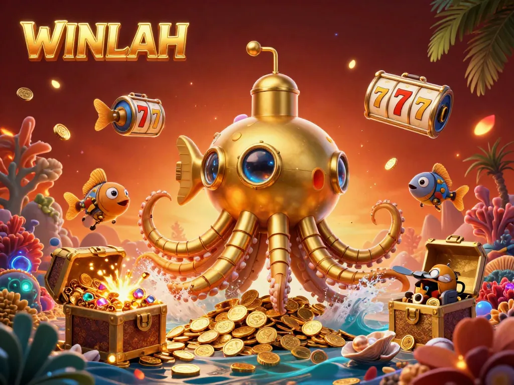 Experience the thrill of WINLAH with a vibrant 3D casino scene featuring a kraken submarine and slot reels.