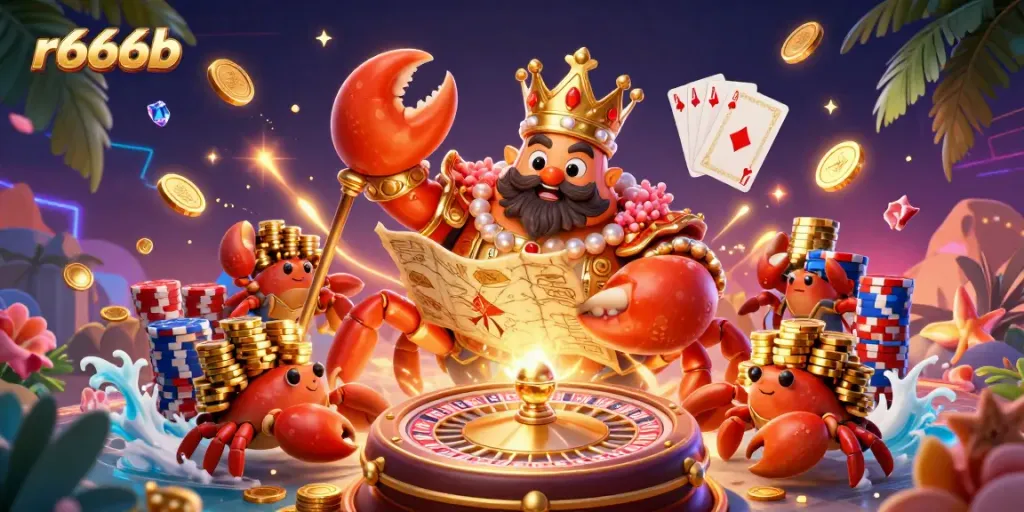 Experience thrilling wins at r666b with a vibrant scene featuring the golden crab emperor and dynamic casino elements.