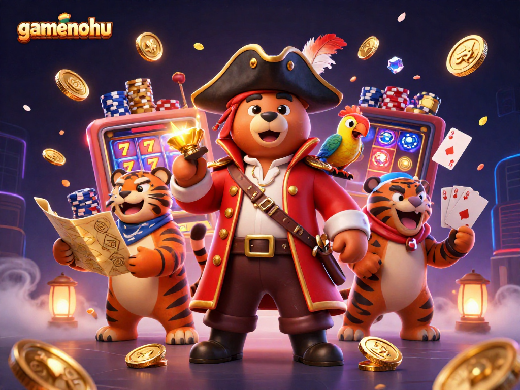 Experience excitement at gamenohu with a pirate bear, lucky slot reels, gold coins, and vibrant casino elements.