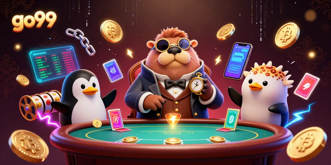 Engage with go99's vibrant casino scene featuring a walrus, penguin dealer, and a bluffing pufferfish.