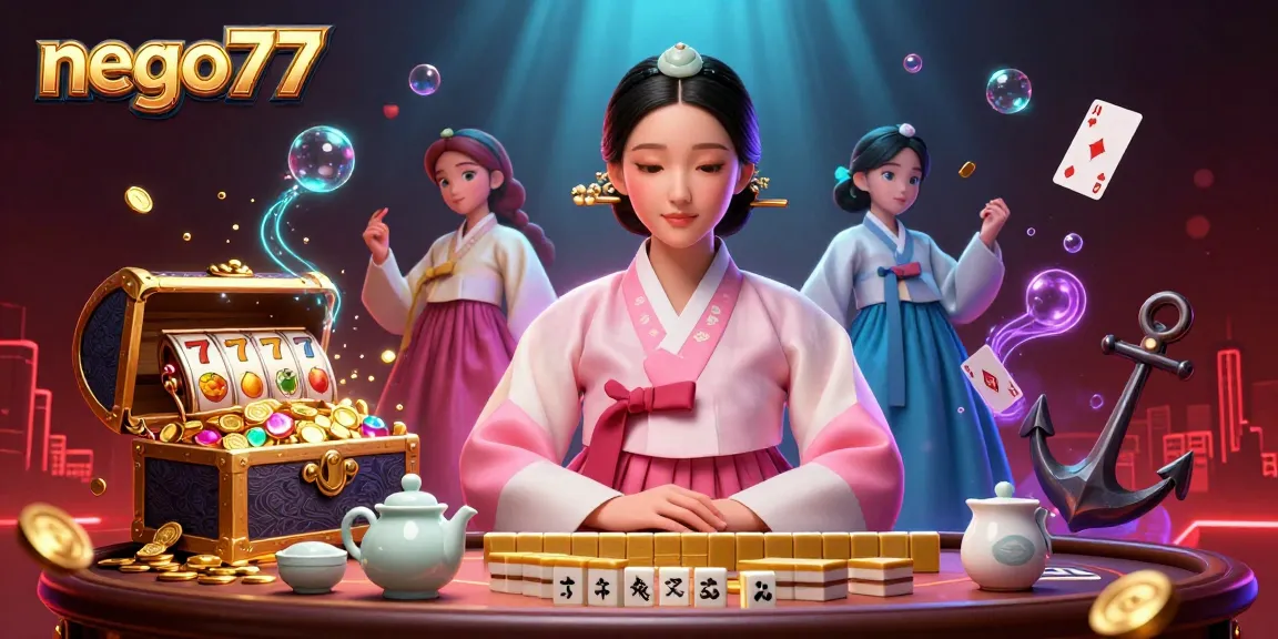 Experience winning with nego77 in this vibrant casino-themed illustration featuring a serene Asian woman.