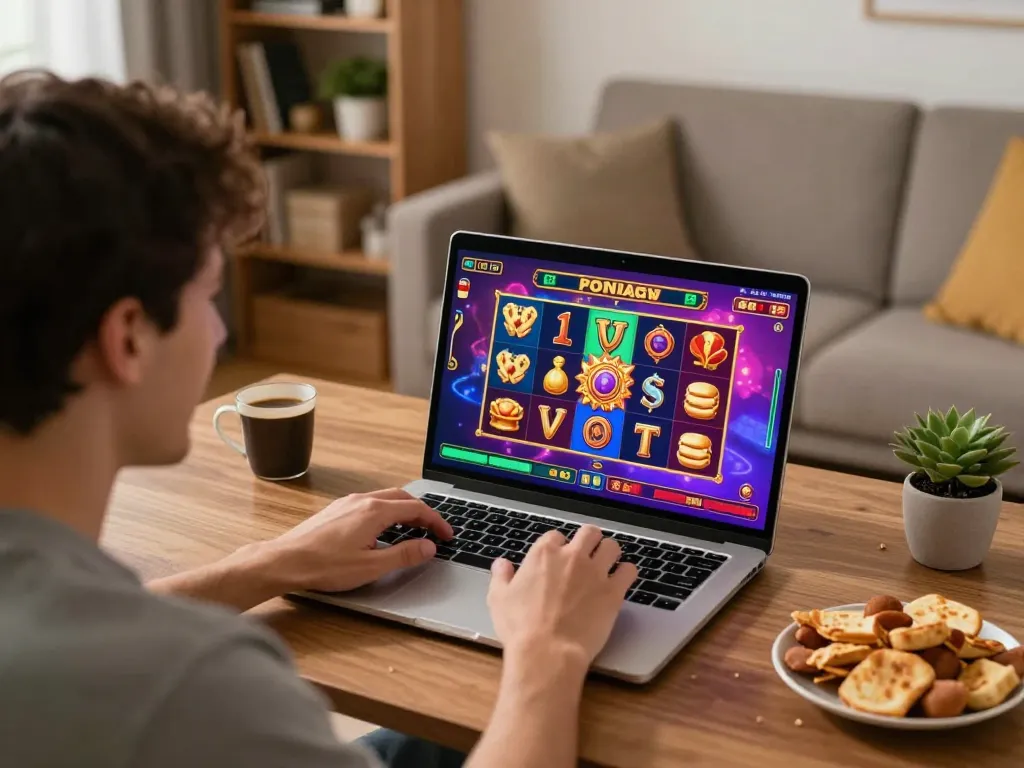 Pemain menikmati perayaan kemenangan permainan slot deposit 5000 di laptop dalam lingkungan rumah yang nyaman.