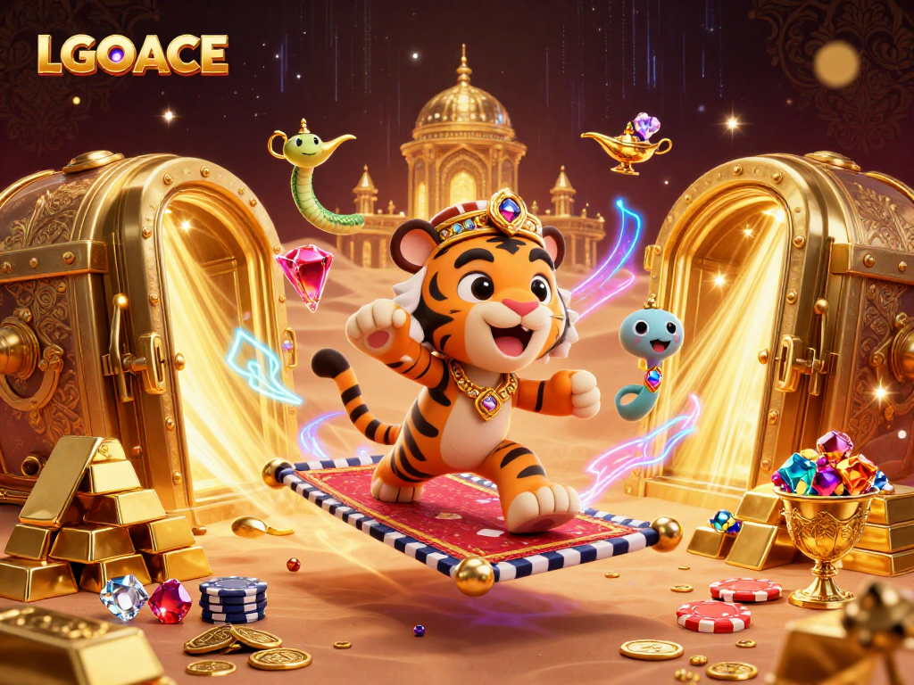 LGOACE showcases a vibrant Arabian Nights-themed casino scene with a tiger sultan and sparkling treasures.