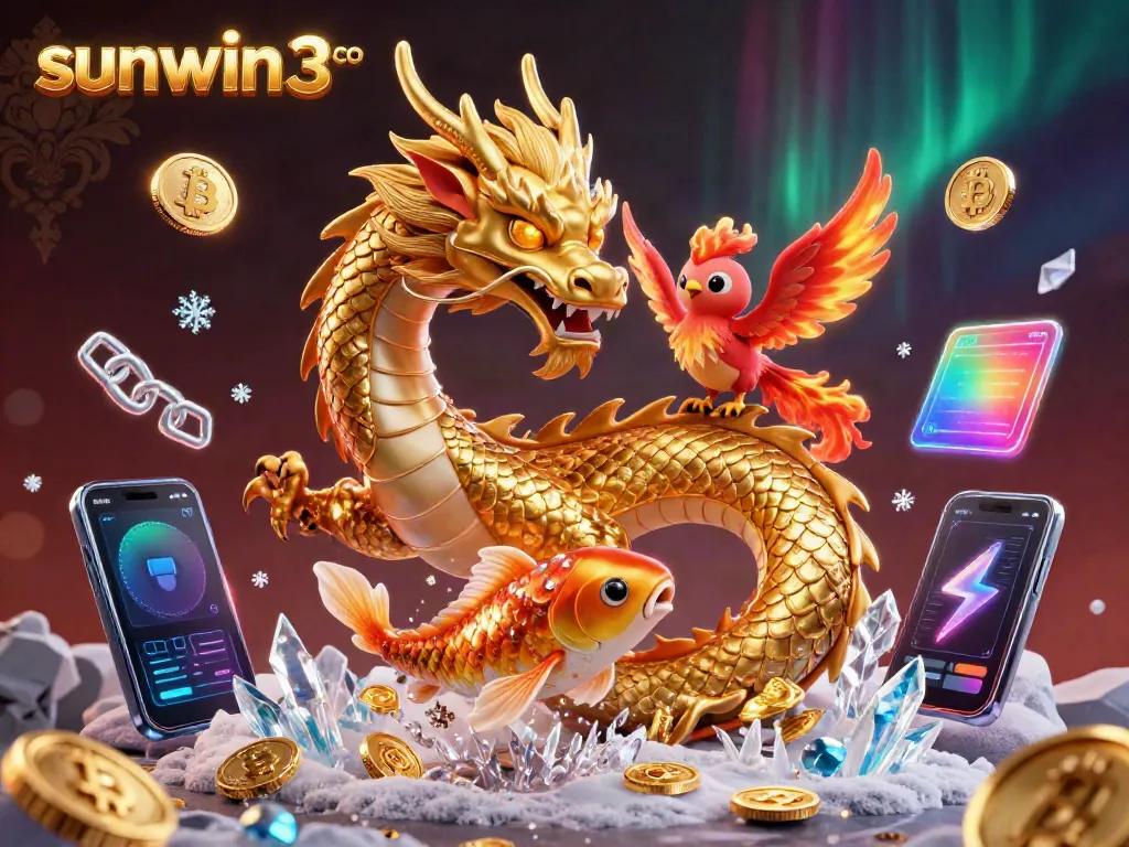 Engage in thrilling online gaming at sunwin3 co, featuring a golden dragon, phoenix, and koi in a vibrant casino illustration.