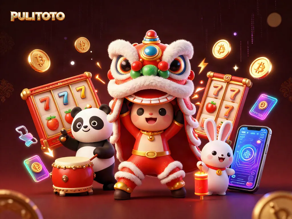 PULITOTO showcases a vibrant 3D illustration featuring a lion dance, slots, and crypto elements in an exciting casino atmosphere.