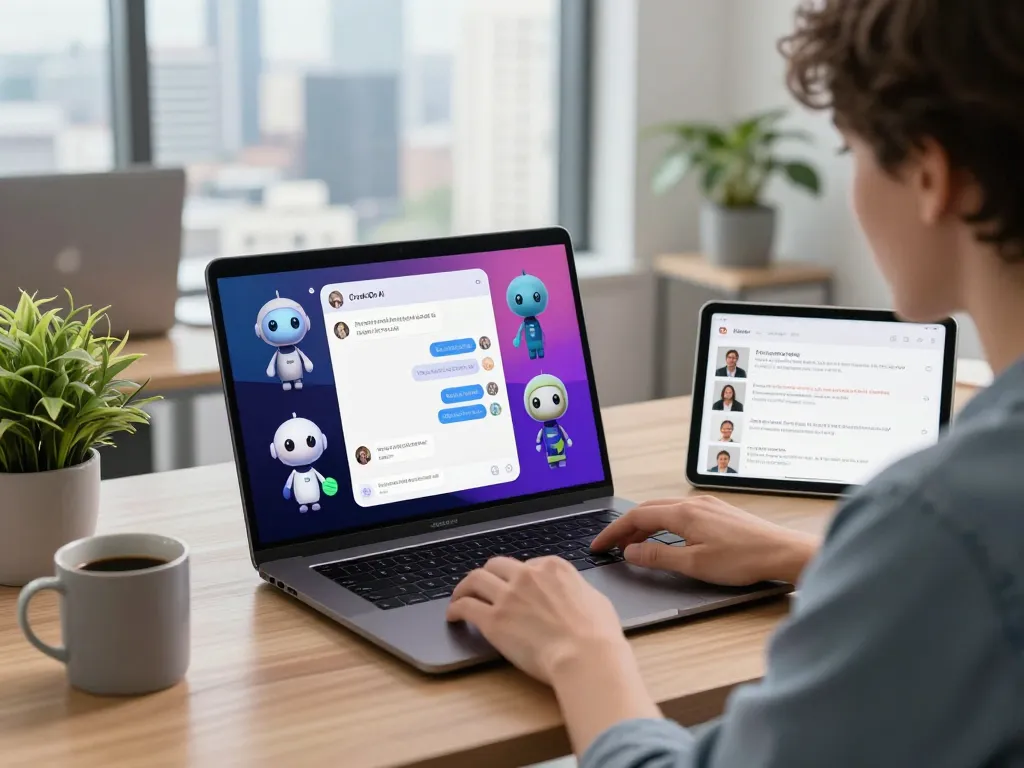 User engaging with crushon ia chatbot on modern laptop in bright digital workspace.