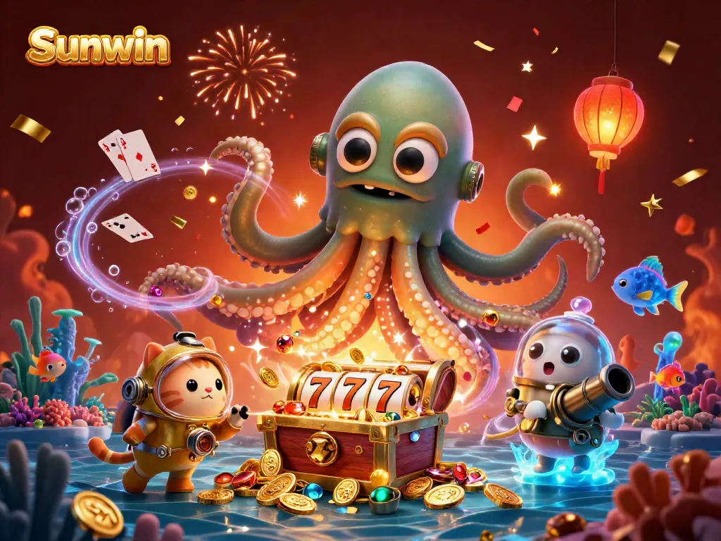 Experience the thrill of winning with Sunwin, as a golden tentacled kraken and diving cat dive into a treasure-filled casino ocean.