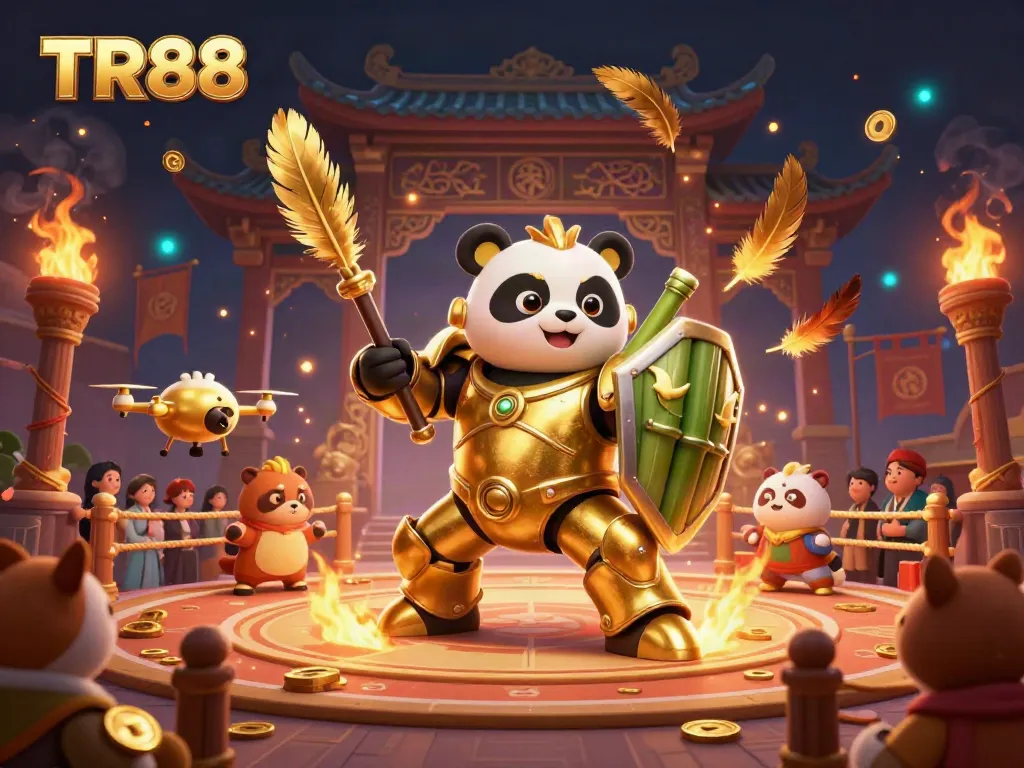 Bet and play at TR88 with a dynamic illustration featuring a mech-suit golden panda and exciting casino elements.