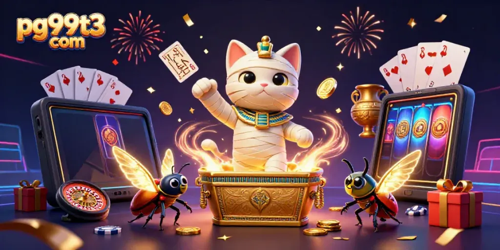 Experience the excitement of pg99t3 com with an energetic mummy cat and glowing scarab in a vibrant casino scene.