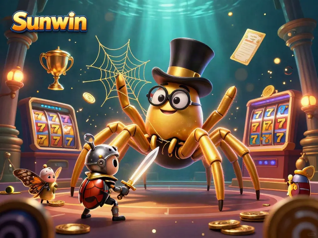 Experience captivating Sunwin gaming with a vibrant 3D dynamic casino scene illustrating characters amidst spinning reels and golden elements.