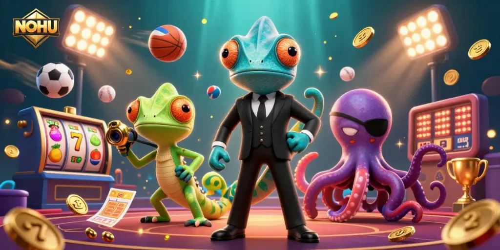 Engage with NOHU's thrilling gaming scene through vibrant, dynamic 3D illustration featuring casino elements.