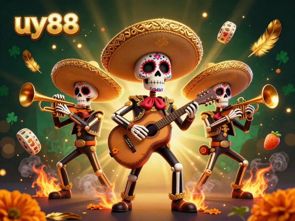 Spin and win with uy88 in a festive casino-themed illustration featuring vibrant mariachi band members.