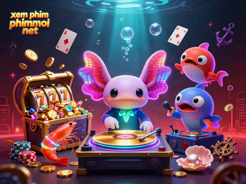 Xem phim online phimmoi net features an energetic underwater gaming scene with vibrant characters and slot reels, creating a dynamic casino ambiance.