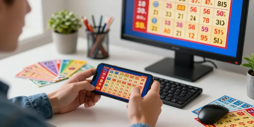 Pengguna bandar togel sedang bermain togel online dengan smartphone di meja kerja modern.