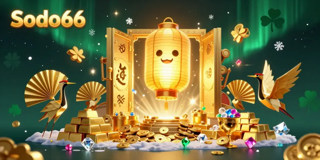 Experience the vibrant universe of Sodo66, featuring a golden lantern spirit amidst dynamic casino elements.