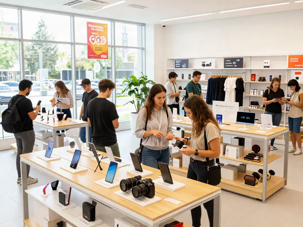 Engaging e-commerce scene showcasing diverse products and shoppers, focusing on the concept of Produk.
