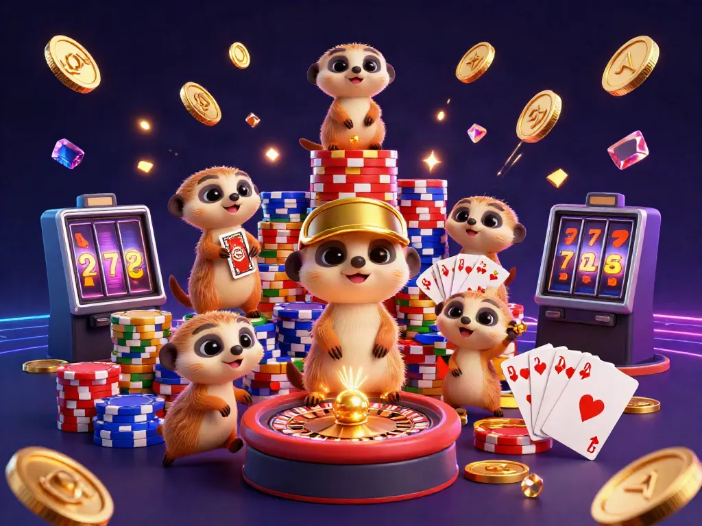 Engage in the fun at WINLAH with meerkats managing a vibrant casino scene filled with chips and coins.