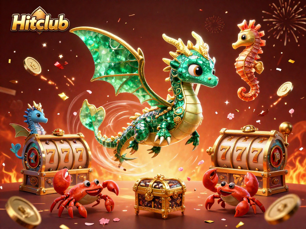 Experience the vibrant gaming action at Hitclub with a dynamic sea dragon among slot reels and festive visuals.