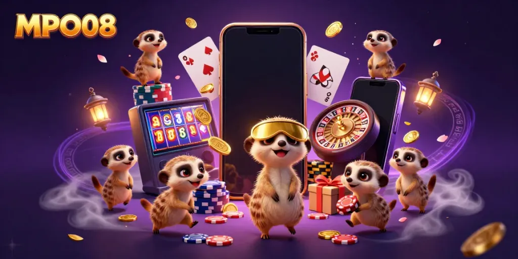 Experience the vibrant world of MPO08 with meerkats directing a lively casino scene filled with colorful games and excitement.