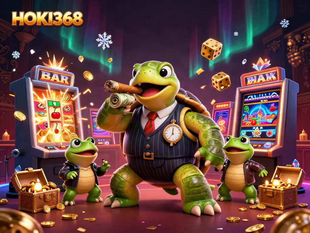 Experience the excitement of HOKI368 with cartoon characters celebrating jackpots and vibrant casino elements.