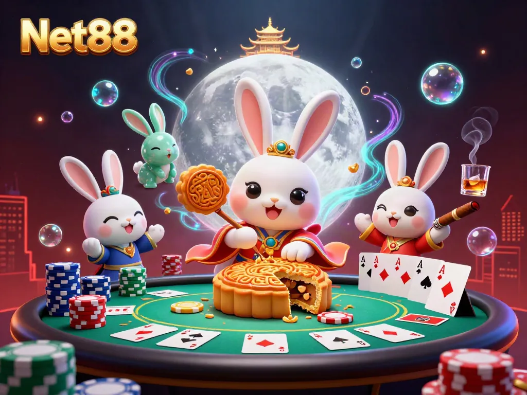 Join the vibrant game action at Net88 with 3D characters celebrating luck on the moon.