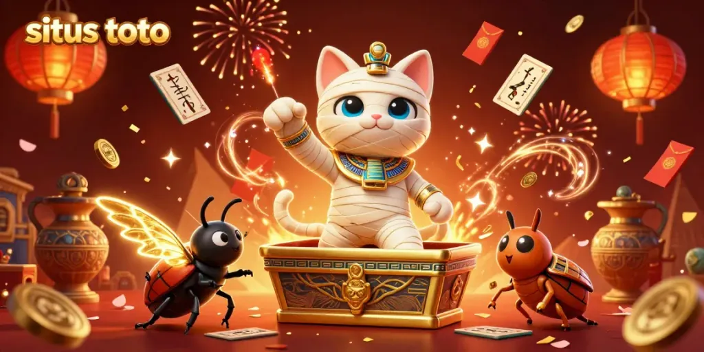 Experience situs toto action with a vibrant 3D illustration of a mummy cat and casino elements.