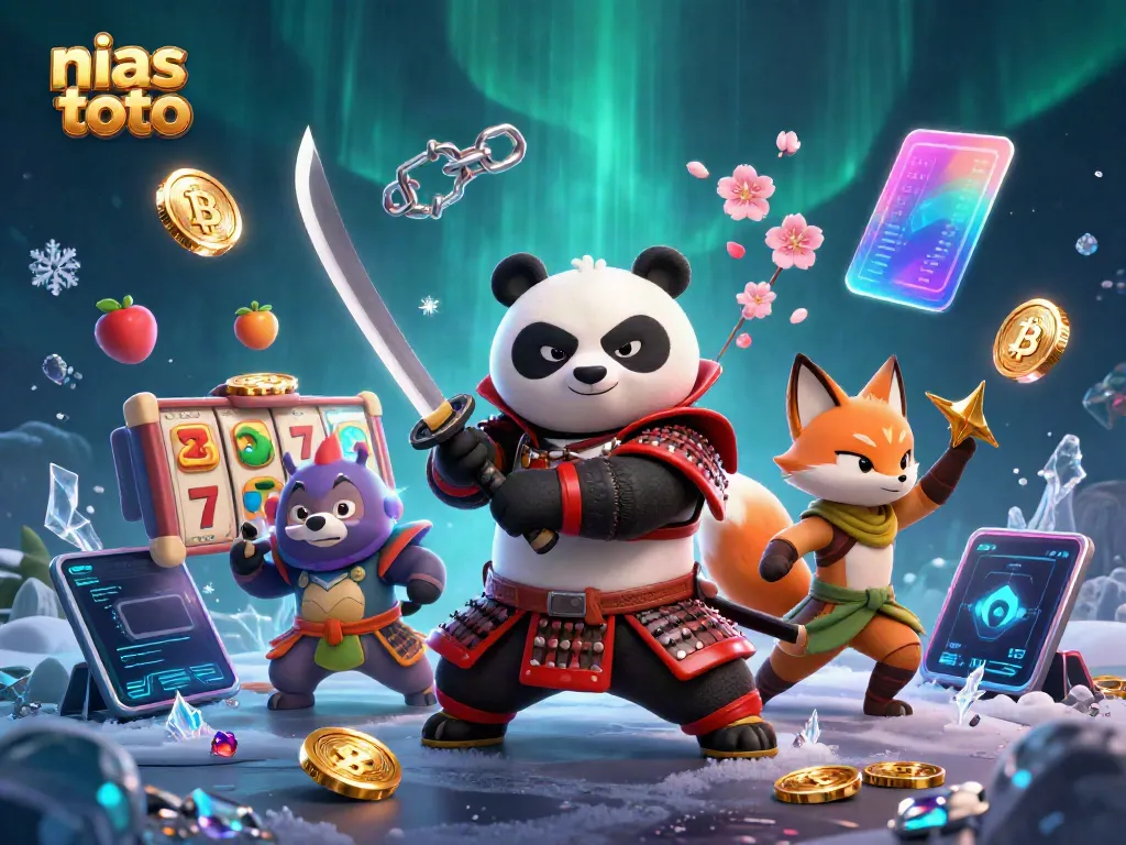Gambarkan momen bersejarah nias toto dengan panda samurai, rubah ninja, dan kucing tanuki dalam suasana judi yang menawan.