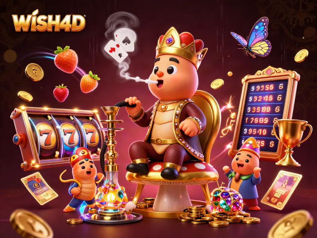 Engage with WISH4D's vibrant slot gaming scene, featuring a golden mushroom throne and action-packed game elements.
