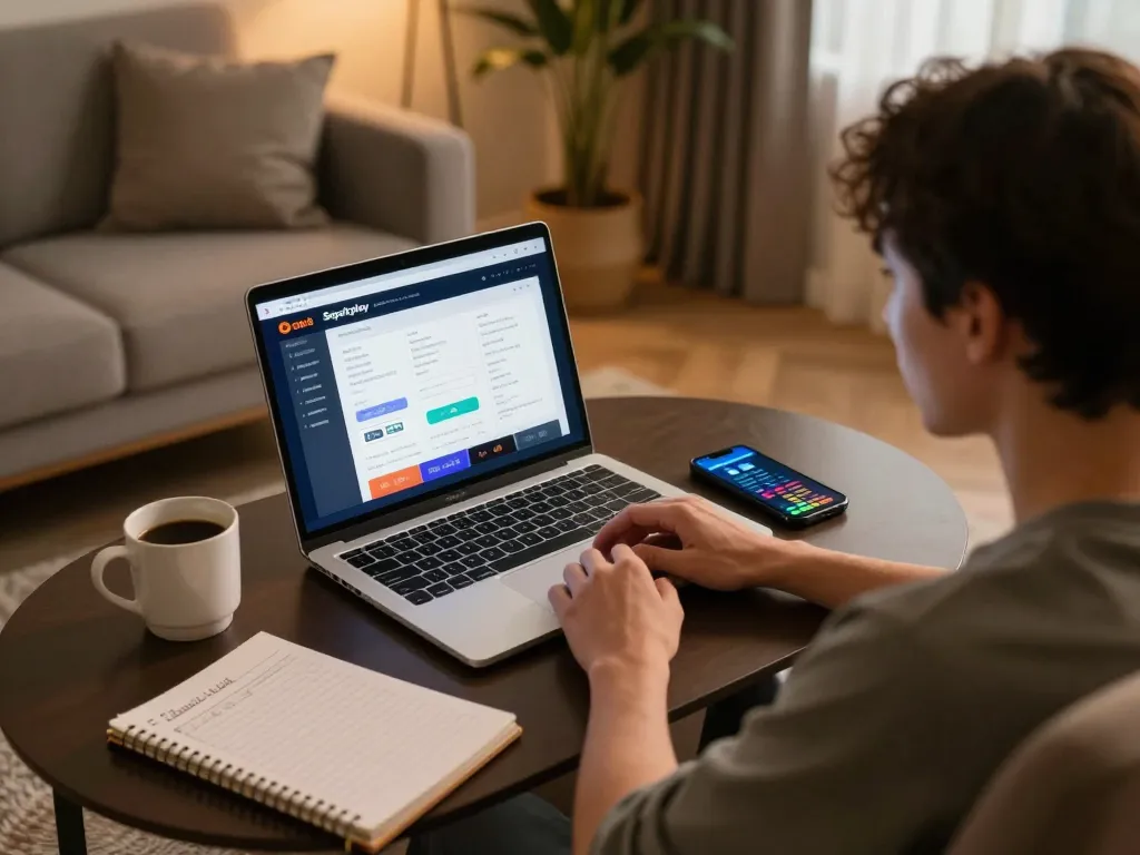 Terlibat dalam permainan strategis di Sepuhplay dengan laptop dan smartphone dalam suasana yang nyaman.