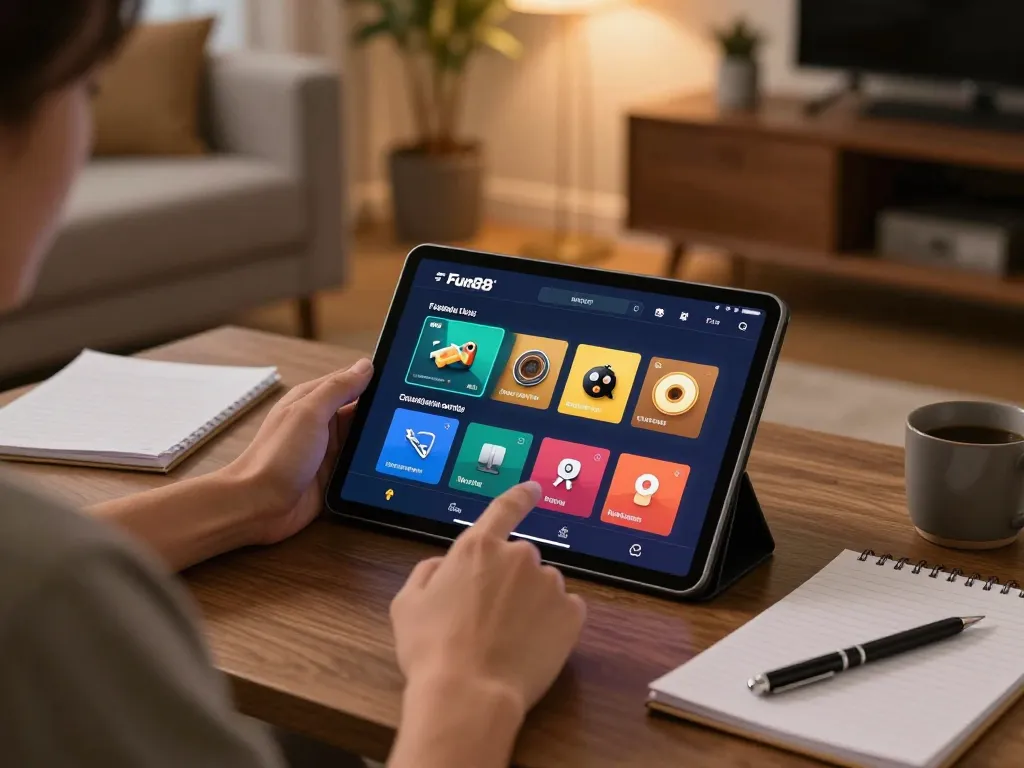 Fun88 app interface displayed on tablet in a cozy home gaming setup