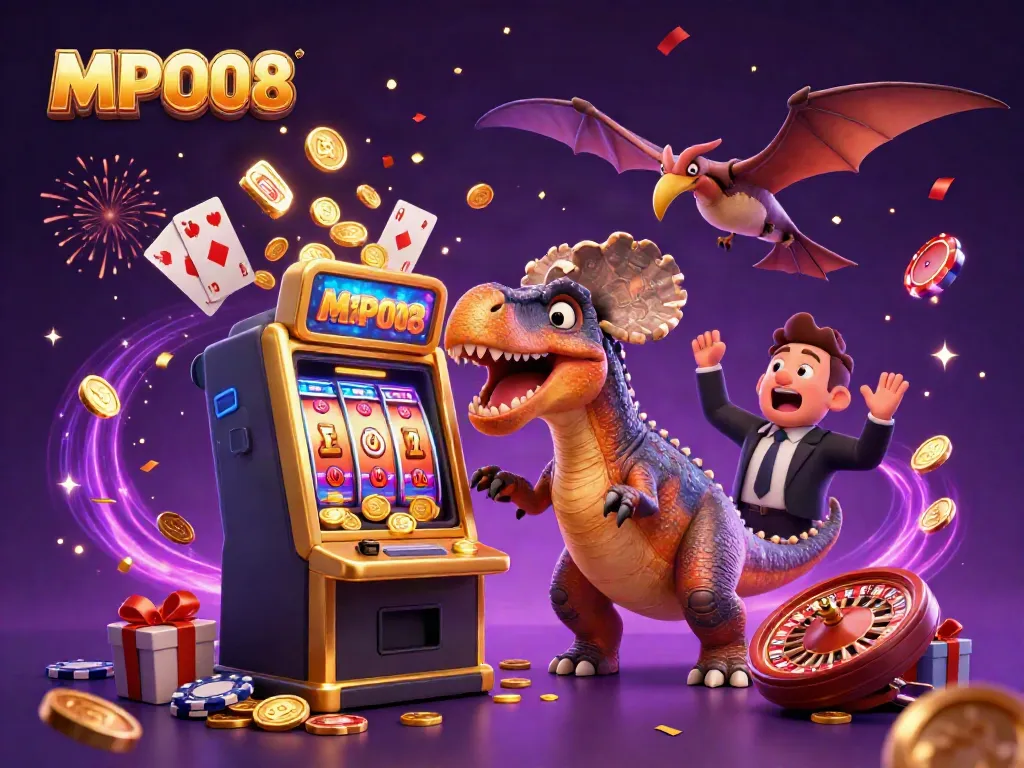 MPO08 triggers a jackpot with a playful dinosaur scene featuring a slot machine and dynamic casino elements.