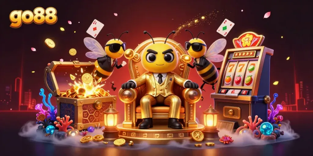 Experience the thrill of go88's vibrant gaming world with a 3D cartoon bumblebee mob boss and dynamic casino elements.