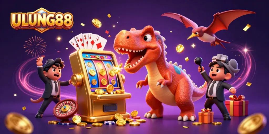ULUNG88 rewards players with jackpot coins as an excited dinosaur interacts with a glowing slot machine amidst a vibrant casino scene.