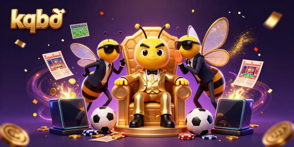 kqbđ showcases a dynamic sports betting scene with a cartoon bee mob boss and festive game elements.