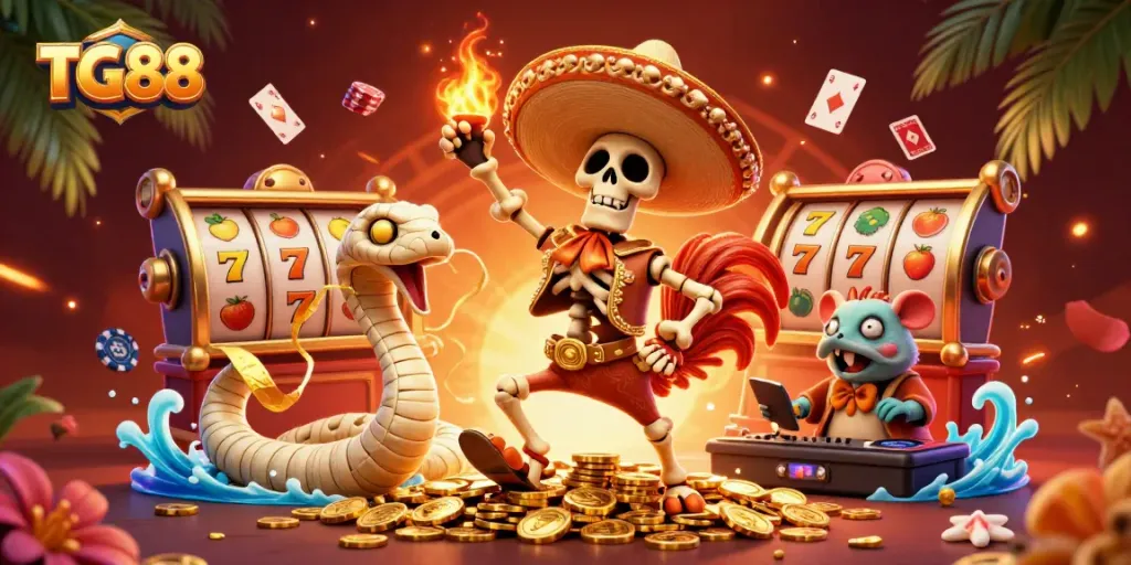 Engage with TG88's vibrant casino experience featuring lively characters and thrilling game elements.