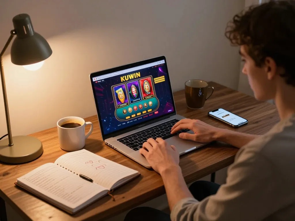Kuwin user engaged in online gaming on a laptop, showcasing poker interface with strategic elements in a cozy home setup.
