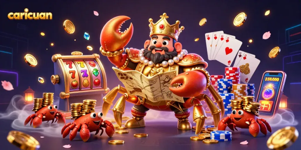 Spin winning slots with caricuan's massive crab emperor, treasure maps, and golden coins.