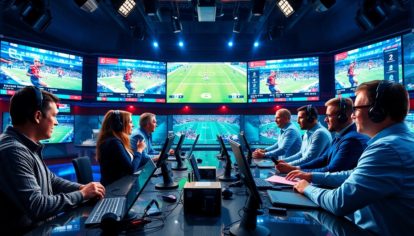 Engaging sports broadcasting studio showcasing dynamic broadcasters and live sports events.