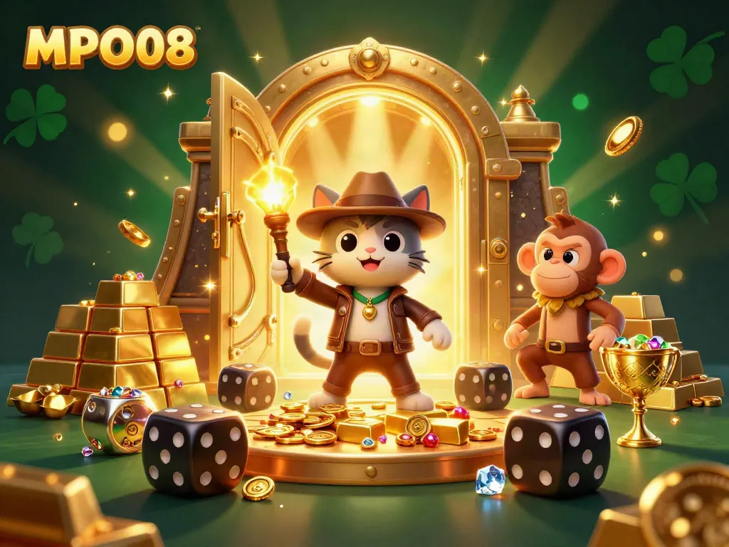 Engage in MPO08 gaming excitement with a cartoon explorer and treasure-filled scene.