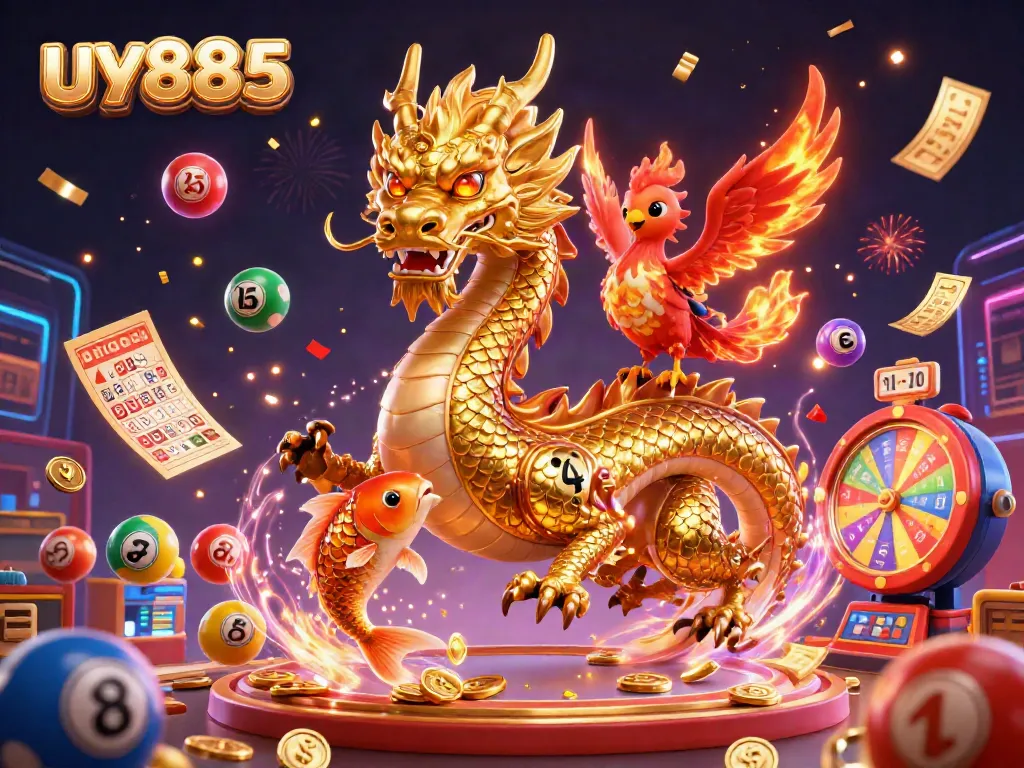 Experience gaming excitement with uy885's dynamic casino illustration featuring a dragon and phoenix!