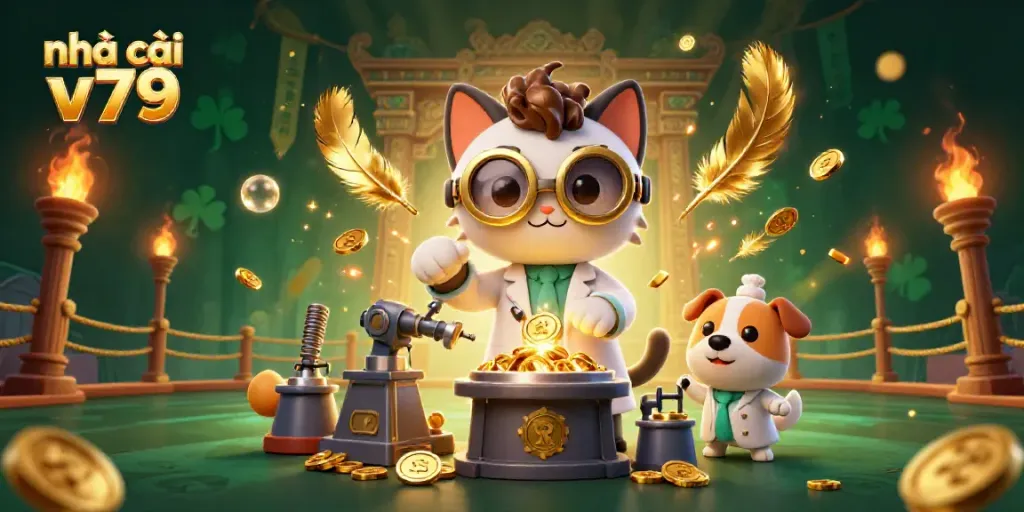 nhà cái v79 showcases a lively scene with a scientist cat and assistant dog creating a gold-coin machine.
