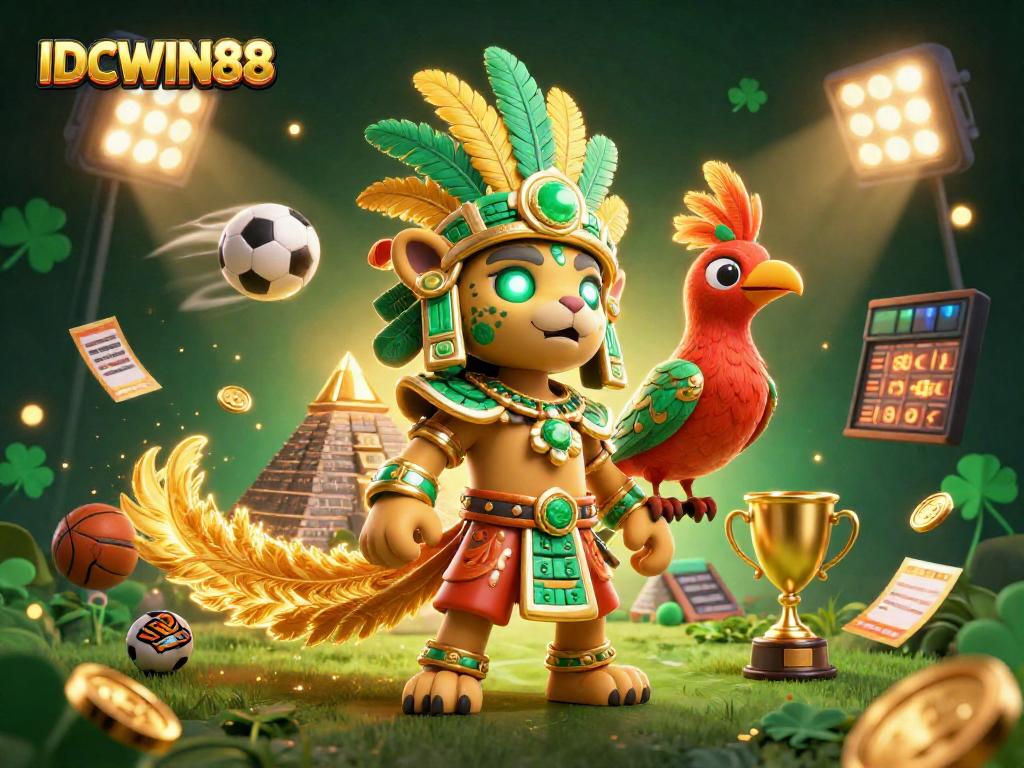 Experience high stakes with IDCWIN88, featuring vibrant Mayan themes and dynamic sports betting elements.