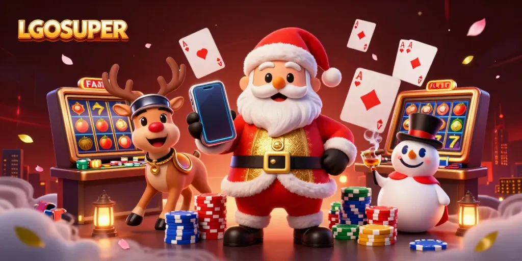 Experience festive fun with LGOSUPER's vibrant 3D casino scene featuring Santa and friends.