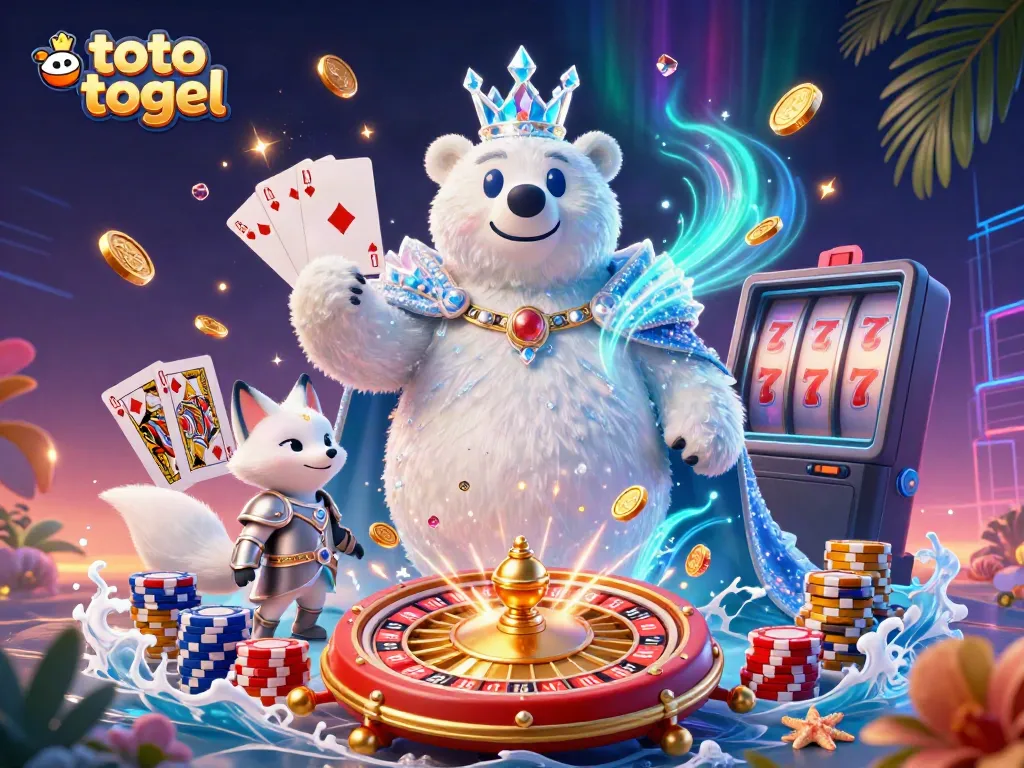 Experience the excitement of toto togel with a vibrant 3D scene of a polar bear and a snow fox amid sparkling casino elements.