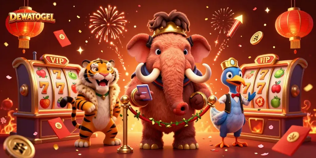 Engage with the vibrant DEWATOGEL casino experience featuring a woolly mammoth and saber-tooth tiger.