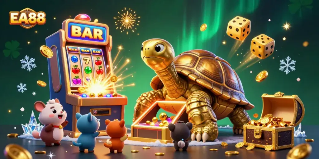 Engage with EA88's vibrant casino adventure, featuring captivating golden tortoise and exciting slot machines.
