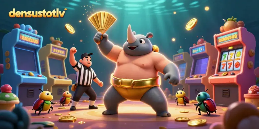 Experience densustotolv in action as a sumo champion set sparks flying in a vibrant casino scene