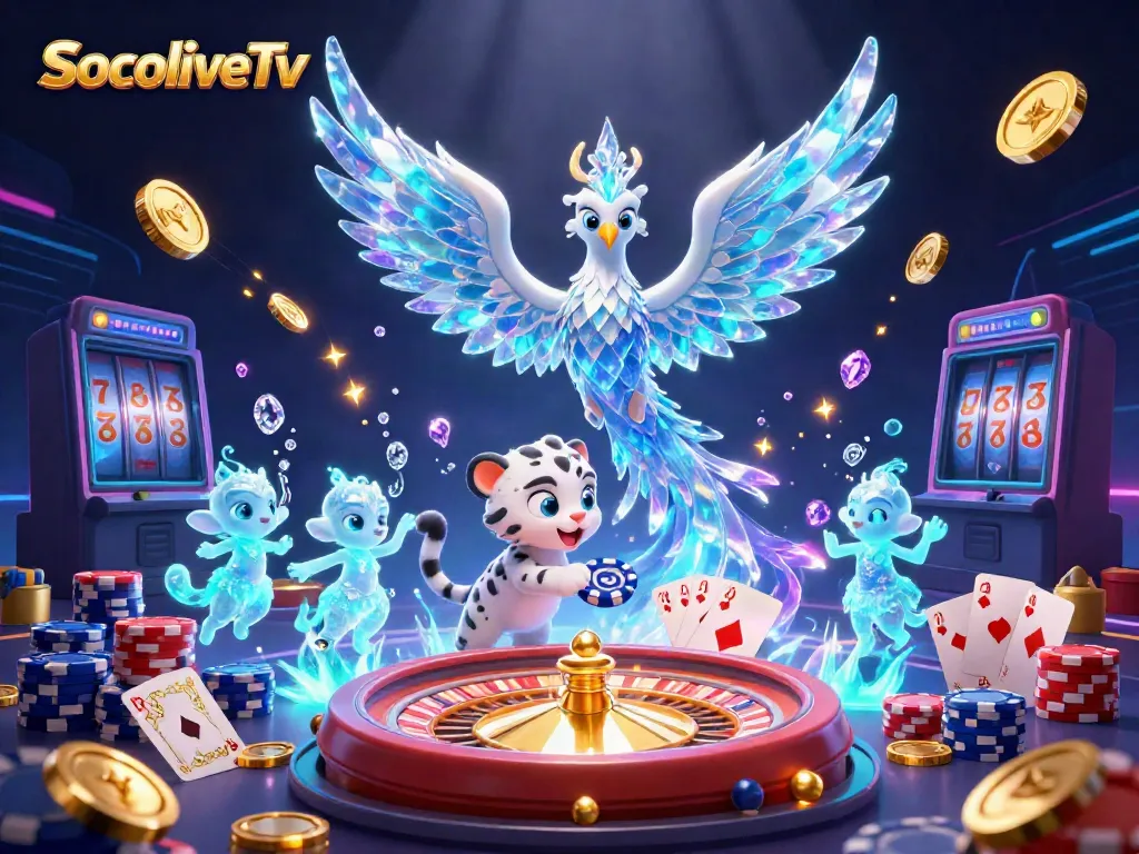Experience thrilling moments with SocoliveTv's lively 3D illustration of a vibrant casino scene featuring animated creatures and dynamic game elements.